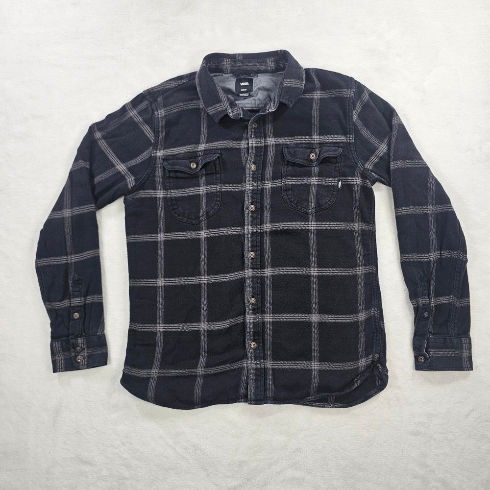 Vans Mens Flannel Shirt Medium Black Grey Plaid Tailored Fit Off The Wall Cotton